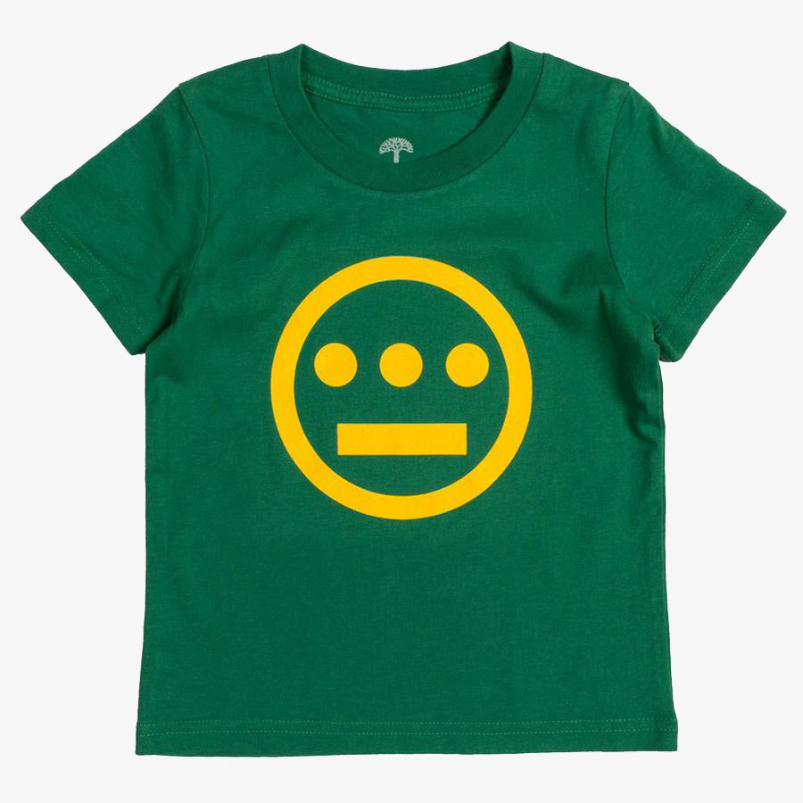 A green toddler tee with a yellow Hiero hip-hop crew logo on the chest.