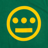 Close up of a yellow Hiero hip-hop crew logo on the chest of a green toddler t-shirt.