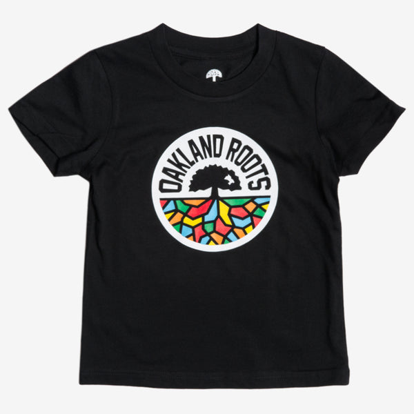 Black toddler t-shirt with a full-color Roots SC logo on the chest.