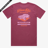 Back of berry red t-shirt with pink Town Biz Auto Detailed ad with car and “Put that Town Pride in Your Ride” tagline.