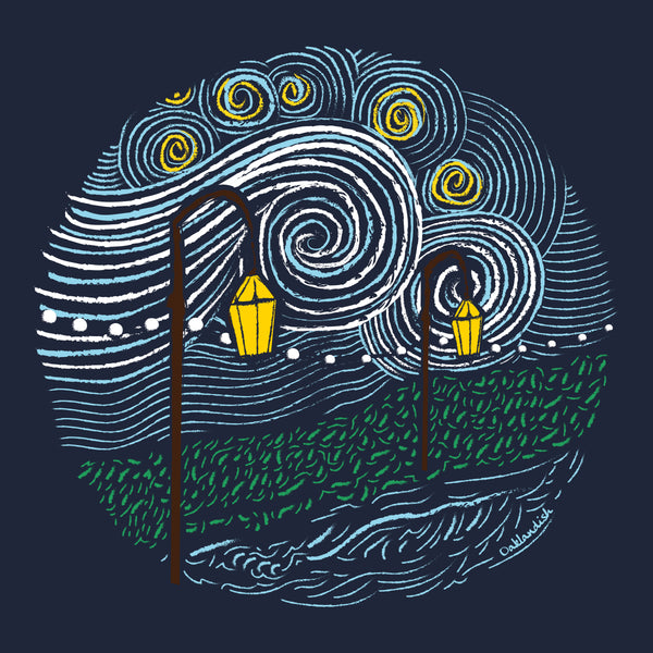 Close up of an artistic expressionistic circular image of a starry night, green path, and lanterns on navy t-shirt.