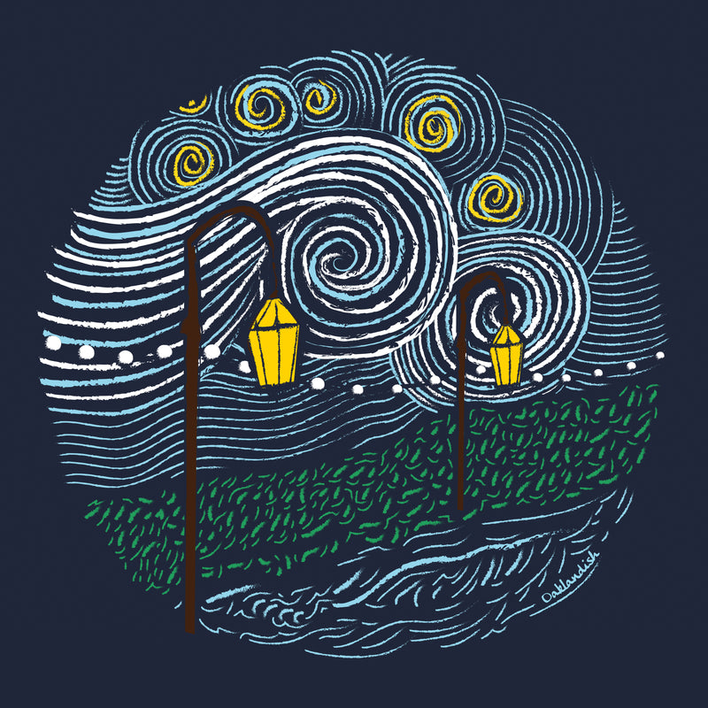 Close up of an artistic expressionistic circular image of a starry night, green path, and lanterns on navy t-shirt.