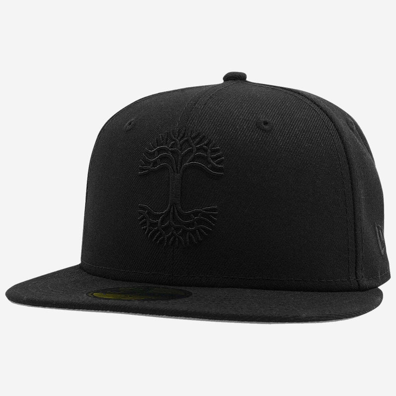 Black embroidered Oaklandish logo on a black, fitted New Era cap with a black bill. 