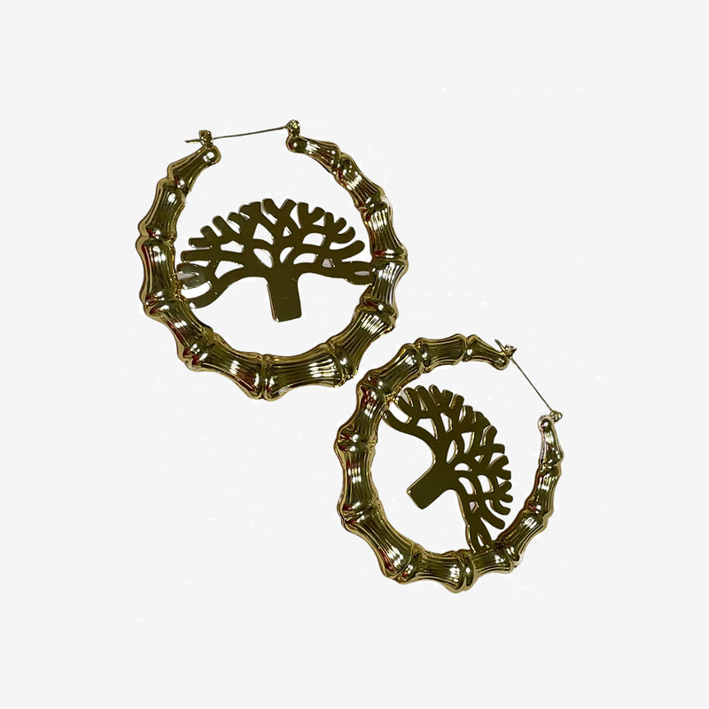 Set of earrings with gold plated bamboo hoops circling an Oak tree. 