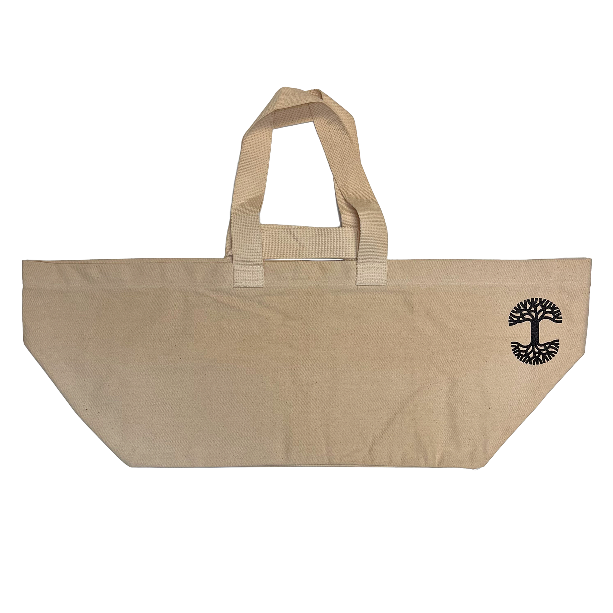 Extra wide natural colored bull denim shopping tote bag with Oaklandish tree logo at top corner of bag.