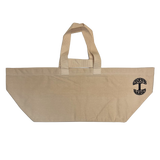 Extra wide natural colored bull denim shopping tote bag with Oaklandish tree logo at top corner of bag.
