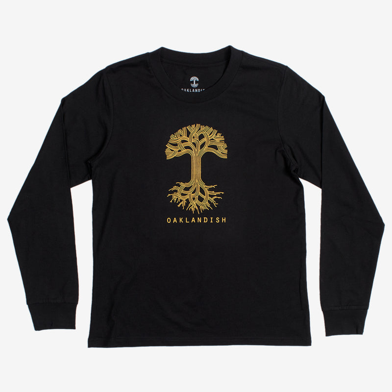 Women’s cut black long-sleeve t-shirt with gold Oaklandish tree logo and wordmark on the chest.