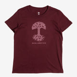 Burgundy women’s cut tee with pink classic Oaklandish tree logo and wordmark on chest.