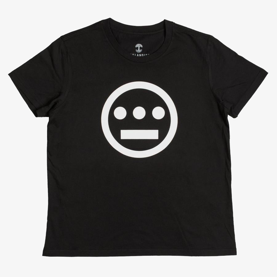 The Women's Hiero Classic Logo Tee by Hieroglyphics is a classic fit, black t-shirt featuring a white circular logo at the center. The design includes a hollow circle surrounding three small, solid circles arranged horizontally above a solid, horizontal line resembling hieroglyphics. This t-shirt also has short sleeves and a crew neckline with a plain white background.
