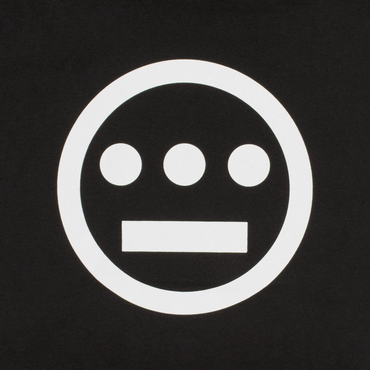 The Women's Hiero Classic Logo Tee by Hieroglyphics showcases a black background with a white symbol in the center consisting of a circle enclosing three smaller circles arranged horizontally above a horizontal rectangle, resembling a simplified face with three eyes and a flat mouth.