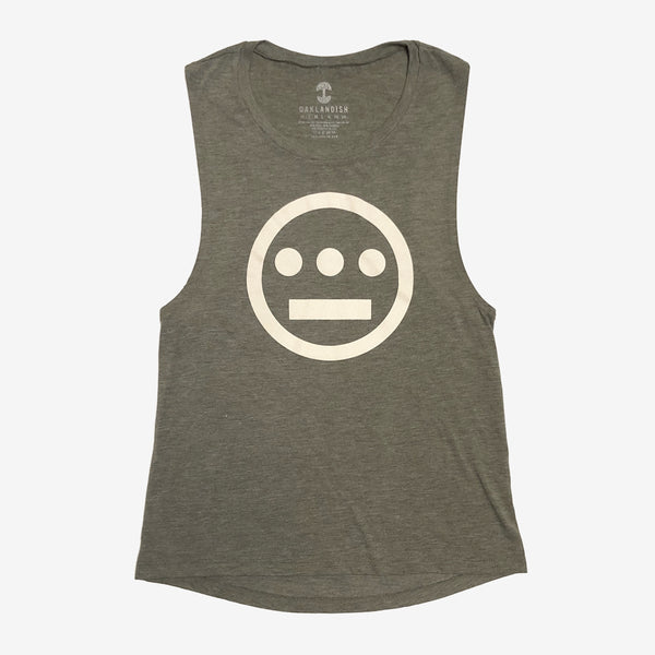 Women's olive green tank top with creme Hiero Hip Hop Crew Classic Logo on chest.
