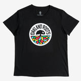 Black women’s cut t-shirt with full-color round Roots SC logo on white background.