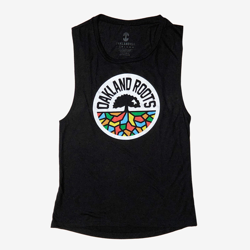 Women’s cut black tank top with full-color Oakland Roots circle logo on the chest.