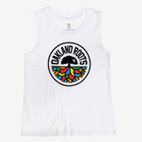  Women’s cut white tank top with full-color Oakland Roots circle logo on the chest. 