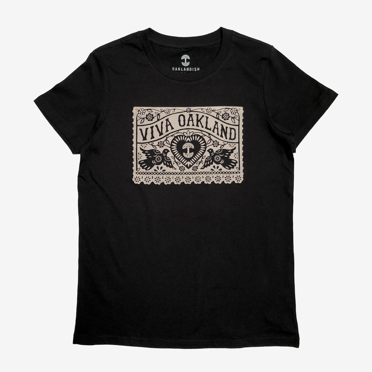 Women’s cut black t-shirt with gold Viva Oakland graphic with hearts and birds on the chest.