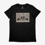 Women’s cut black t-shirt with gold Viva Oakland graphic with hearts and birds on the chest.