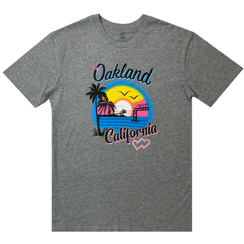 Heather grey t-shirt with pink, black, yellow and blue Oakland California Wonderland graphic on chest.
