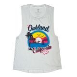 White tank top with black, blue, yellow, pink with Oakland California Wonderland Graphic on chest.