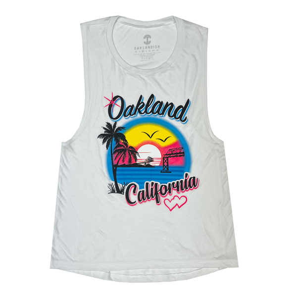 White tank top with black, blue, yellow, pink with Oakland California Wonderland Graphic on chest.