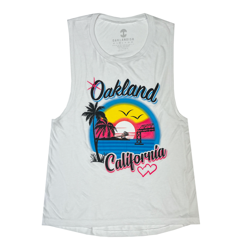 White tank top with black, blue, yellow, pink with Oakland California Wonderland Graphic on chest.