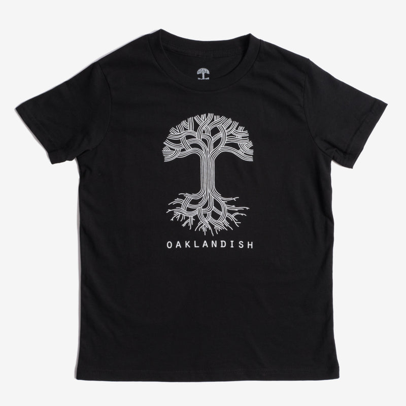 A youth sized black t-shirt with white classic Oaklandish tree logo and wordmark. 
