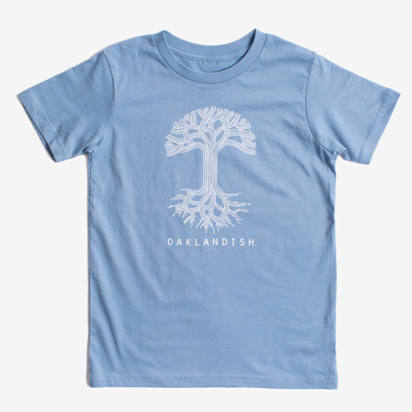  A youth sized light blue t-shirt with white classic Oaklandish tree logo and wordmark. 
