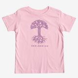 Pink youth sized t-shirt with purple classic Oaklandish tree logo and wordmark. 