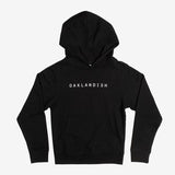 Black youth hoodie with white Oaklandish wordmark on the chest.