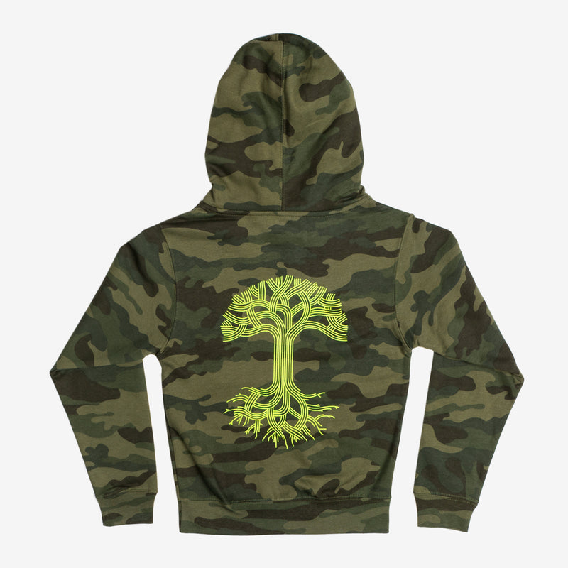 Back side of green camo youth hoodie with light green Oaklandish tree logo.
