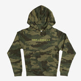 Green camo youth hoodie with light green Oaklandish tree logo wordmark on the chest.