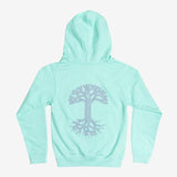 Back side of a mint green youth hoodie with a large purple classic Oaklandish tree logo. 