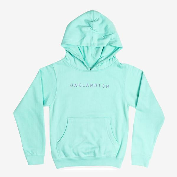Mint green youth hoodie with purple Oaklandish wordmark on the chest.