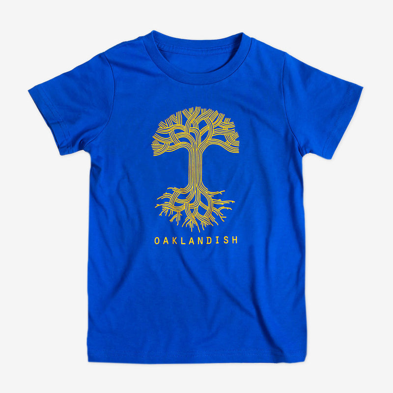 Royal blue youth sized t-shirt with yellow classic Oaklandish tree logo and wordmark. 