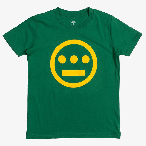 Youth sized green t-shirt with a yellow Hiero hip-hop crew logo on the chest.