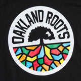 Close up of full-color Roots circle logo on the chest of a black youth t-shirt.